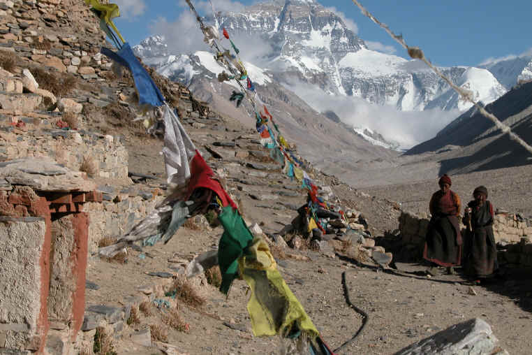 Tibetan nuns from the Rongbuk Monastery with Everest North View